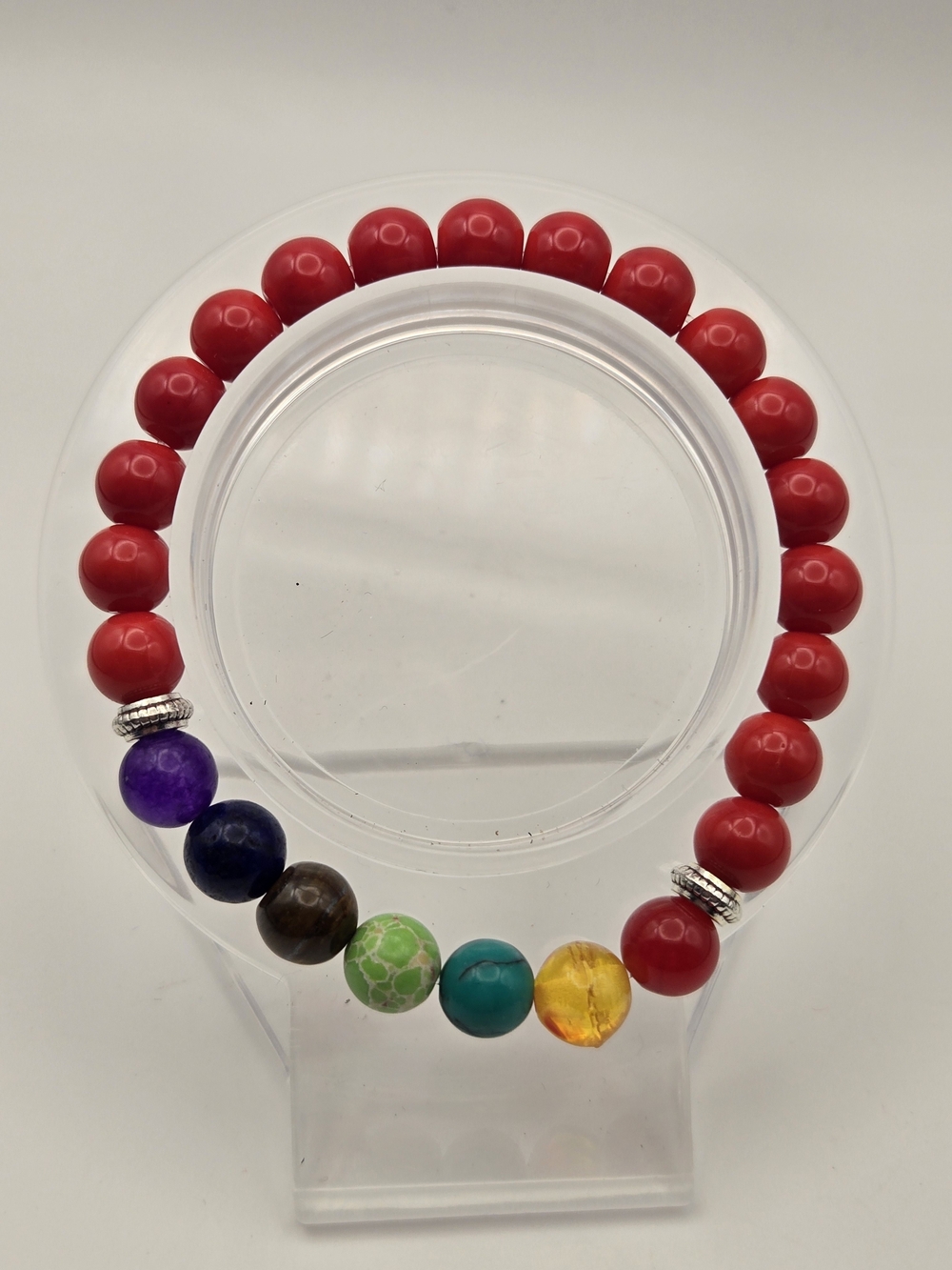8mm Red Beaded Stretch Bracelet with Multicolor Accent Stones